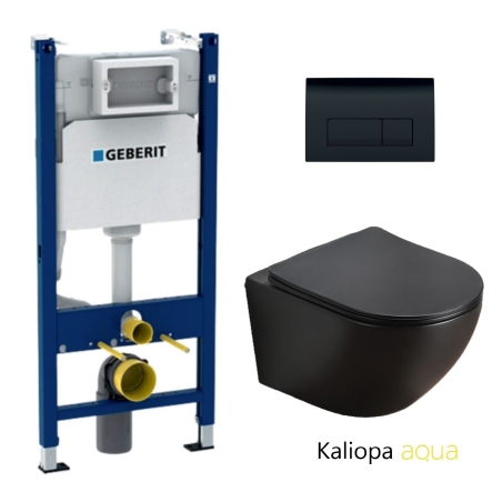 BASTIDOR GEBERIT DUOFIX PACK CISTERNA EMPOTRADA Y PULSADOR NEGRO BR DELTA 50 CON INODORO SUSPENDIDO KALIOPA NEGRO MATE 49cm AQUA