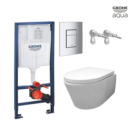 Bastidor GROHE pack cisterna empotrada y pulsador cromo brillo con inodoro suspendido Rim-ex Croma blanco br AQUA