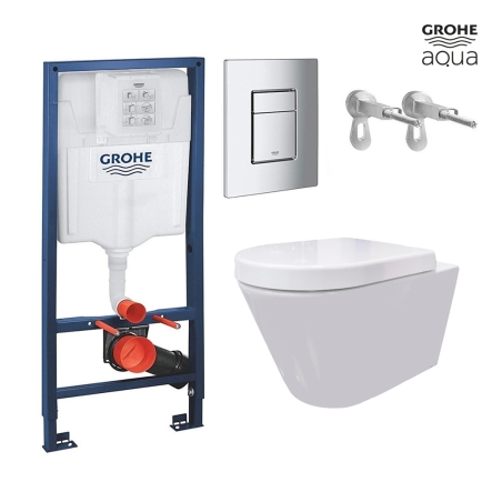 BASTIDOR GROHE PACK CISTERNA EMPOTRADA Y PULSADOR CROMO BR CON INODORO SUSPENDIDO Rim-ex Avangard blanco br AQUA