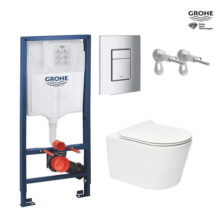 Bastidor GROHE pack cisterna empotrada y pulsador cromo con Inodoro Suspendido  BREVIS Rim-Ex 53 cm de SAT