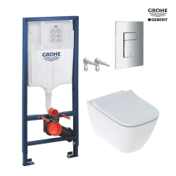 BASTIDOR GROHE PACK CISTERNA EMPOTRADA Y PULSADOR CROMO BRILLO CON INODORO SUSPENDIDO SMYLE SQUARE DE GEBERIT