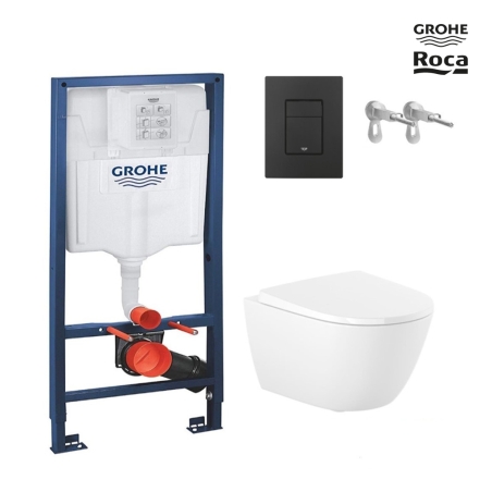 Bastidor GROHE pack cisterna empotrada y pulsador Negro Mate con inodoro suspendido Roca Ona Blanco 48 cm
