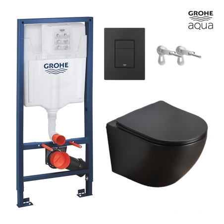 BASTIDOR GROHE PACK CISTERNA EMPOTRADA Y PULSADOR EVEN NEGRO MATE CON INODORO SUSPENDIDO AQUA-ARIA WC KALIOPA NEGRO MATE