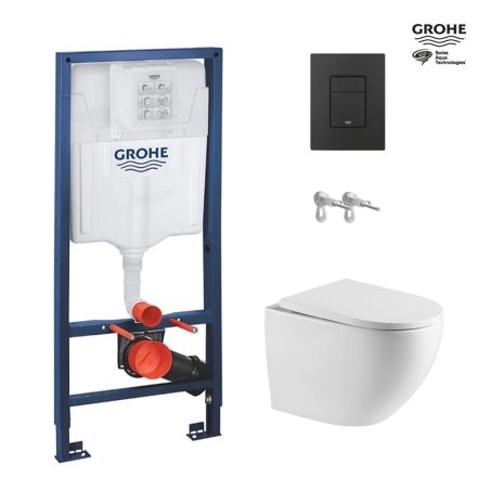 BASTIDOR GROHE CON CISTERNA EMPOTRADA, PULSADOR NEGRO, INODORO SUSPENDIDO TORNADO 67 SISTEMA VORTEX BLANCO DE SAT