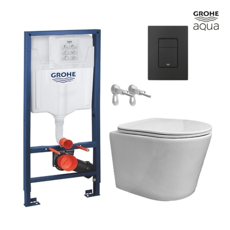 BASTIDOR GROHE PACK CISTERNA EMPOTRADA Y PULSADOR EVEN NEGRO MAT CON INODORO SUSPENDIDO RIMLESS OASIS BLANCO BRILLO 48CM