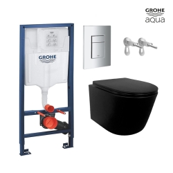 BASTIDOR GROHE PACK CISTERNA EMPOTRADA Y PULSADOR CROMO CON INODORO SUSPENDIDO RIMLESS MIRAGE NEGRO MATE 48CM