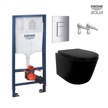BASTIDOR GROHE PACK CISTERNA EMPOTRADA Y PULSADOR CROMO CON INODORO SUSPENDIDO RIMLESS MIRAGE NEGRO MATE 48CM