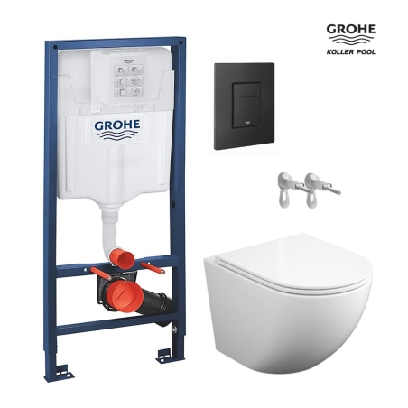 BASTIDOR GROHE PACK CISTERNA EMPOTRADA Y PULSADOR NEGRO MATE CON INODORO SUSPENDIDO ROUND SMART 52cm TOR 3 CON TAPA FINA KP