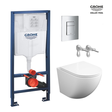 BASTIDOR GROHE PACK CISTERNA EMPOTRADA Y PULSADOR CROMO CON INODORO SUSPENDIDO ROUND SMART 52cm TOR 3 CON TAPA FINA DE KP