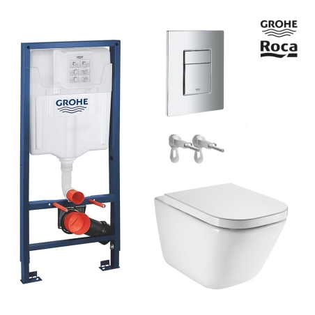 BASTIDOR GROHE PACK CISTERNA EMPOTRADA Y PULSADOR CROMO BR CON INODORO SUSPENDIDO ROCA THE GAP CON SISTEMA RIMLESS Y SOFTCLOSE