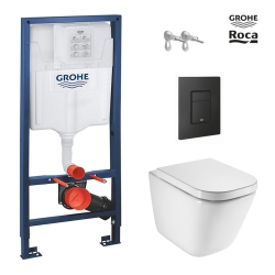 BASTIDOR GROHE PACK CISTERNA EMPOTRADA Y PULSADOR EVEN NEGRO MATE CON INODORO SUSPENDIDO ROCA THE GAP CON SISTEMA RIMLESS