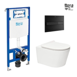 BASTIDOR ROCA DUPLO ONE PACK CISTERNA EMPOTRADA Y PULSADOR PL7 NEG MAT CON INODORO SUSPENDIDO BREVIS 53cm SAT