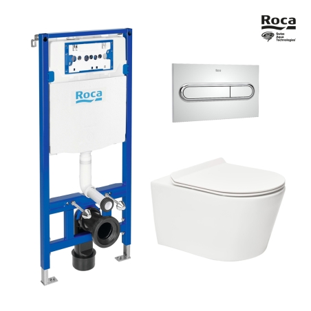 BASTIDOR ROCA DUPLO ONE PACK CISTERNA EMPOTRADA Y PULSADOR PL1 CROMO BRILLO CON INODORO SUSPENDIDO RIM-EX BREVIS BLANCO 53 CM