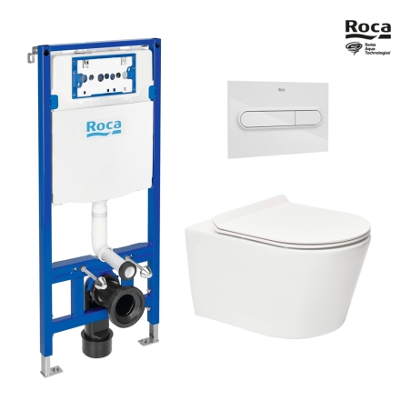 BASTIDOR ROCA DUPLO ONE PACK CISTERNA EMPOTRADA Y PULSADOR PL1 BLANCO BRILLO CON INODORO SUSPENDIDO RIM-EX BREVIS BLANCO 53 CM