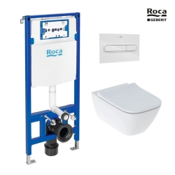BASTIDOR ROCA DUPLO ONE PACK CISTERNA EMPOTRADA Y PULSADOR PL1 BLANCO BRILLO CON INODORO SUSPENDIDO SMYLE SQUARE DE GEBERIT