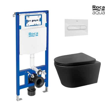 BASTIDOR ROCA DUPLO PACK CISTERNA EMPOTRADA Y PULSADOR PL1 BLANCO BR CON INODORO SUSPENDIDO Rimless Eclipse Negro Mat de AQUA