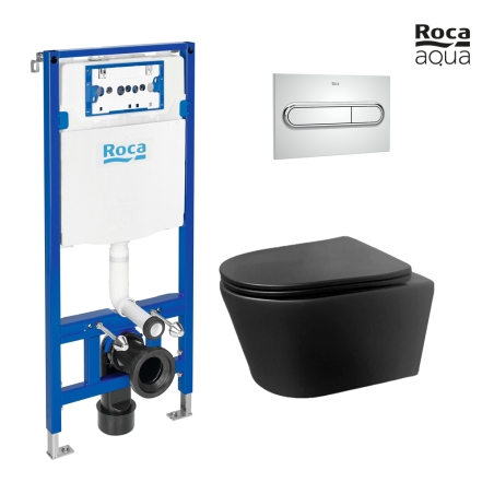 BASTIDOR ROCA DUPLO PACK CISTERNA EMPOTRADA Y PULSADOR PL1 CROMO BRILLO CON INODORO SUSPENDIDO Rimless Eclipse Negro Mat de AQUA