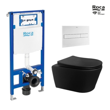 BASTIDOR ROCA DUPLO PACK CISTERNA EMPOTRADA Y PULSADOR PL7 BL MAT CON INODORO SUSPENDIDO Rim-ex Brevis Neg Mat de SAT