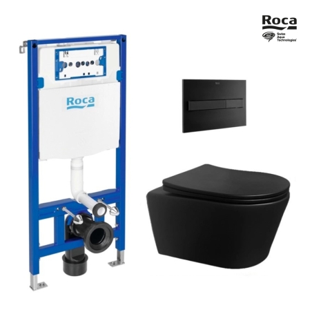 BASTIDOR ROCA DUPLO PACK CISTERNA EMPOTRADA Y PULSADOR PL7 DUAL NEGRO MATE CON INODORO SUSPENDIDO Rim-ex Brevis Neg Mat de SAT