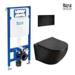 BASTIDOR ROCA DUPLO PACK CISTERNA EMPOTRADA Y PULSADOR PL10 NEGRO MATE CON INODORO SUSPENDIDO KALIOPA NEGRO MATE 49cm AQUA