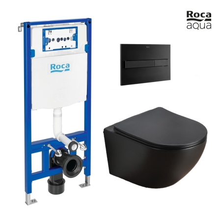BASTIDOR ROCA DUPLO PACK CISTERNA EMPOTRADA Y PULSADOR PL7 DUAL NEGRO MAT CON INODORO SUSPENDIDO KALIOPA NEGRO MAT 49cm AQUA