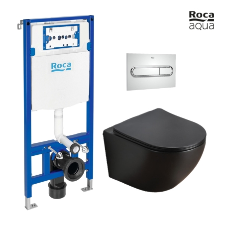 BASTIDOR ROCA DUPLO PACK CISTERNA EMPOTRADA Y PULSADOR PL1 CROMO BRILLO CON INODORO SUSPENDIDO KALIOPA NEGRO MATE 49cm AQUA