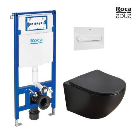 BASTIDOR ROCA DUPLO PACK CISTERNA EMPOTRADA Y PULSADOR PL1 BLANCO BRILLO CON INODORO SUSPENDIDO KALIOPA NEGRO MATE 49cm AQUA