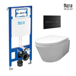 BASTIDOR ROCA DUPLO CISTERNA EMPOTRADA Y PULSADOR PL7 DUAL NEGRO MATE CON INODORO SUSPENDIDO Rim-ex Avangard blanco br AQUA