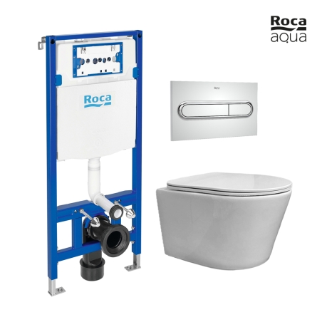 BASTIDOR ROCA DUPLO PACK CISTERNA EMPOTRADA Y PULSADOR PL1 DUAL CROMO BR CON INODORO SUSPENDIDO RIMLESS OASIS BLANCO BRILLO 48CM