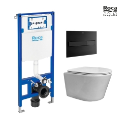 BASTIDOR ROCA DUPLO PACK CISTERNA EMPOTRADA Y PULSADOR PL7 DUAL NEGRO MATE CON INODORO SUSPENDIDO RIMLESS OASIS BLANCO BR 48CM