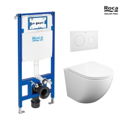 BASTIDOR ROCA DUPLO PACK CISTERNA EMPOTRADA Y PULSADOR PL10 BL MAT CON INODORO SUSPENDIDO ROUND SMART 52cm TOR 3 TAPA FINA