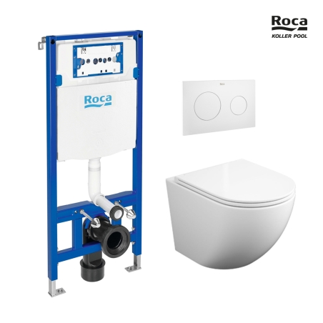 BASTIDOR ROCA DUPLO PACK CISTERNA EMPOTRADA Y PULSADOR PL10 BL MAT CON INODORO SUSPENDIDO ROUND SMART 52cm TOR 3 TAPA FINA