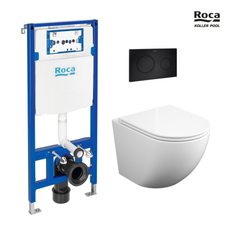 BASTIDOR ROCA DUPLO PACK CISTERNA EMPOTRADA Y PULSADOR PL10 NEG M CON INODORO SUSPENDIDO ROUND SMART BL B TOR 3 CON TAPA FINA