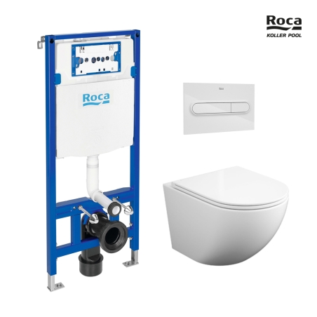 BASTIDOR ROCA DUPLO PACK CISTERNA EMPOTRADA Y PULSADOR PL1 BL BR CON INODORO SUSPENDIDO ROUND SMART BL BR TOR 3 CON TAPA FINA