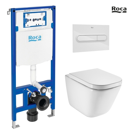 BASTIDOR ROCA DUPLO PACK CISTERNA EMPOTRADA Y PULSADOR PL1 BL BR CON INODORO SUSPENDIDO ROCA THE GAP BL BR CON SISTEMA RIMLESS