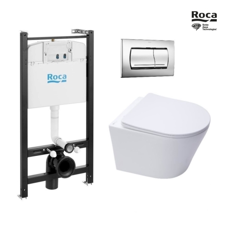 Bastidor ROCA Active pack cisterna empotrada y pulsador PVC cromo brillo con inodoro suspendido Rim-ex Infinitio blanco de SAT