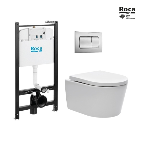 Bastidor ROCA Active pack cisterna empotrada y pulsador PVC cromo mate con inodoro suspendido Rim-ex Brevis blanco de SAT