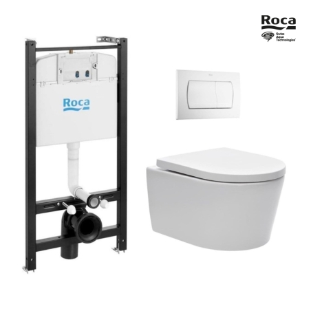 Bastidor ROCA Active pack cisterna empotrada y pulsador PVC blanco brillo con inodoro suspendido Rim-ex Brevis blanco de SAT