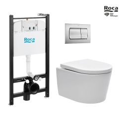 Bastidor ROCA Active pack cisterna empotrada y pulsador Cromo brillo con inodoro suspendido Rim-ex Brevis de SAT blanco