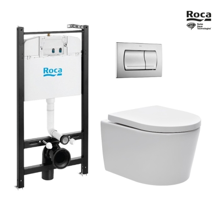Bastidor ROCA Active pack cisterna empotrada y pulsador Cromo brillo con inodoro suspendido Rim-ex Brevis de SAT blanco