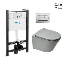 Bastidor ROCA Active pack cisterna empotrada y pulsador PVC cromo mate con inodoro suspendido Rim-ex Infinitio gris mate de SAT