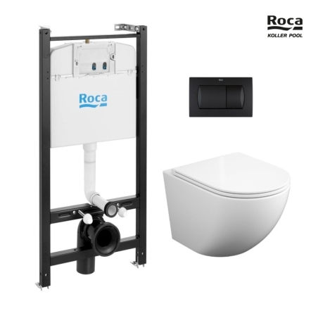 BASTIDOR ROCA ACTIVE PACK CISTERNA EMPOTRADA Y PULSADOR NEGRO MAT CON INODORO SUSPENDIDO ROUND SMART 52 cm TOR 3 TAPA FINA