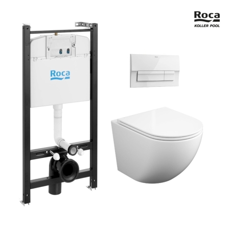 BASTIDOR ROCA ACTIVE PACK CISTERNA EMPOTRADA Y PULSADOR BLANCO NEW CON INODORO SUSPENDIDO ROUND SMART 52 cm TOR 3 TAPA FINA