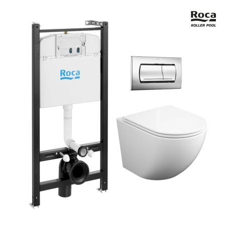 BASTIDOR ROCA ACTIVE PACK CISTERNA EMPOTRADA Y PULSADOR CROMO BR CON INODORO SUSPENDIDO ROUND SMART 52 cm TOR 3 CON TAPA FINA