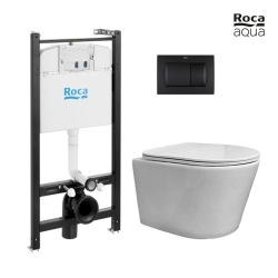 BASTIDOR ROCA ACTIVE PACK CISTERNA EMPOTRADA Y PULSADOR NEGRO MAT CON INODORO SUSPENDIDO RIMLESS OASIS BLANCO BRILLO 48CM