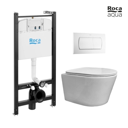 BASTIDOR ROCA ACTIVE PACK CISTERNA EMPOTRADA Y PULSADOR BLANCO BR CON INODORO SUSPENDIDO RIMLESS OASIS BLANCO BRILLO 48CM