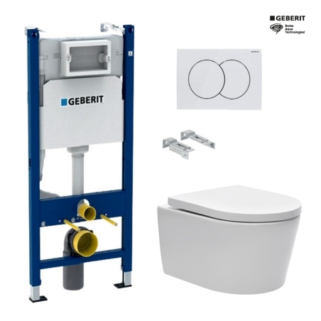Bastidor GEBERIT Duofix pack cisterna empotrada y pulsador DELTA 01 bl con inodoro suspendido Rim-ex Brevis bl de SAT