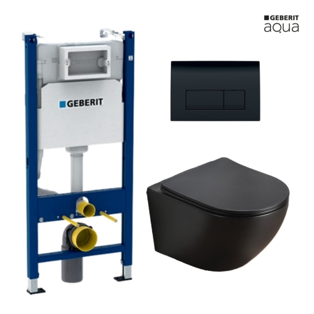 BASTIDOR GEBERIT DUOFIX PACK CISTERNA EMPOTRADA Y PULSADOR NEGRO BR DELTA 50 CON INODORO SUSPENDIDO KALIOPA NEGRO MATE 49cm AQUA