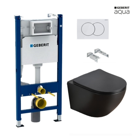 BASTIDOR GEBERIT DUOFIX PACK CISTERNA EMPOTRADA Y PULSADOR BLANCO BR DELTA 01 CON INODORO SUSPENDIDO KALIOPA NEGRO 49cm AQUA