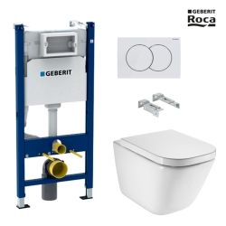 BASTIDOR GEBERIT PACK CISTERNA EMPOTRADA Y PULSADOR DELTA 01 BLANCO BR CON INODORO SUSPENDIDO ROCA THE GAP CON SISTEMA RIMLESS